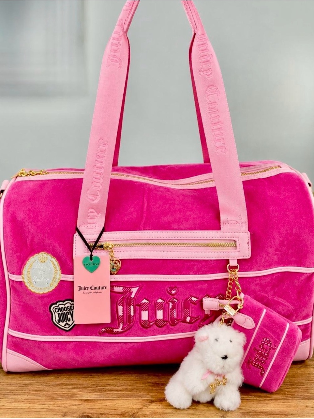 Juicy Couture Hot Pink Velour Travel Duffle with Charm